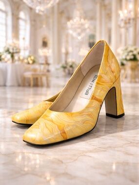 Bellini Leather Yellow Marble-Print Mid Block Heel Pumps